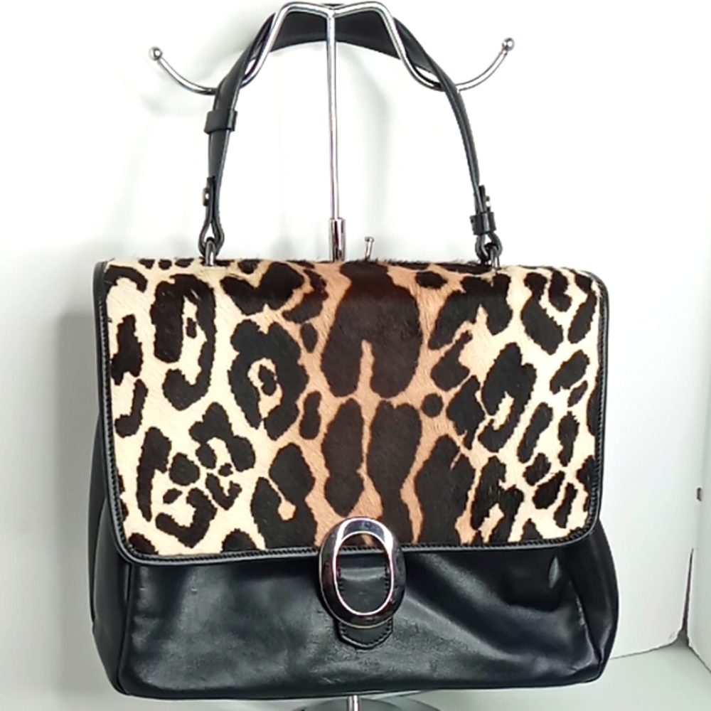 Cavalcanti - Leopard Print Italian Leather & Calf Hair Shoulder/Handbag -  Black